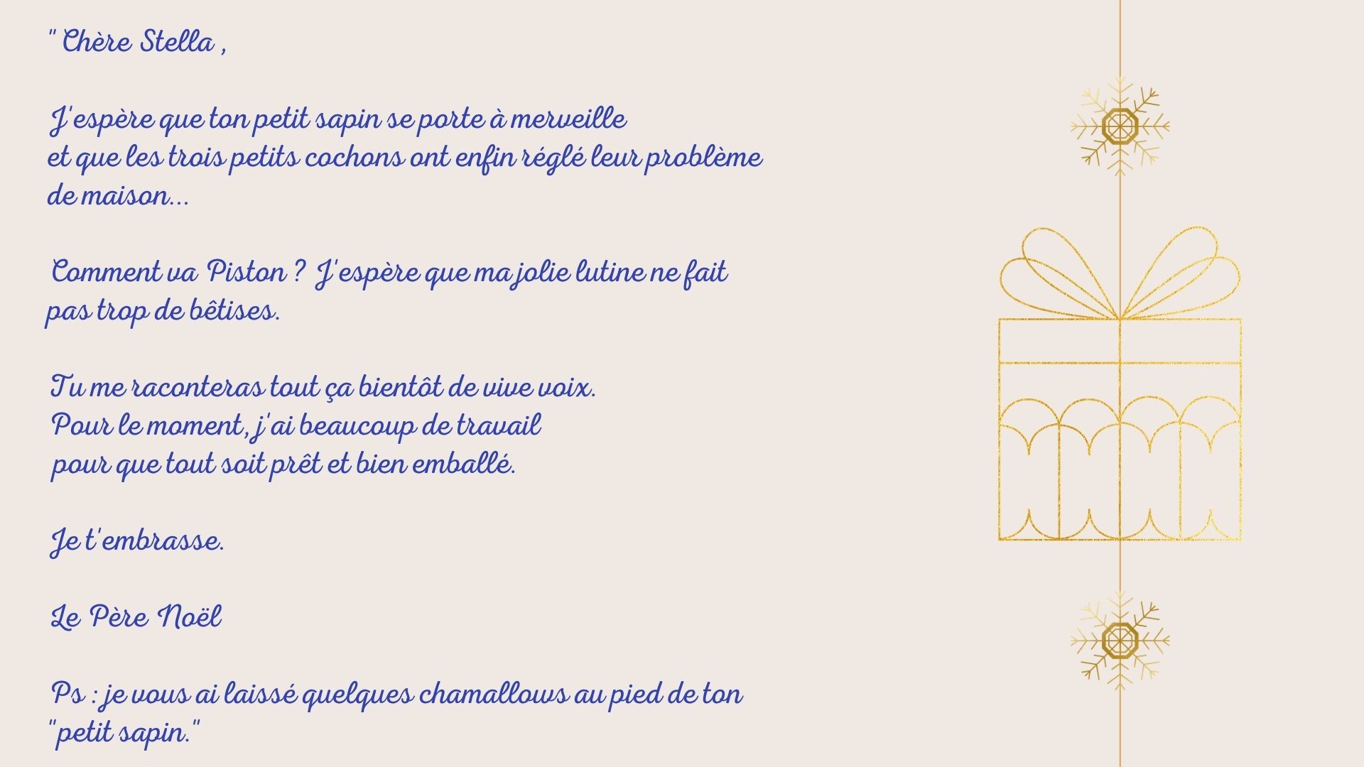 Plaquette, page 2 : petite lettre du Père Noël adressée à Stella, illustrée d'un cadeau doré.