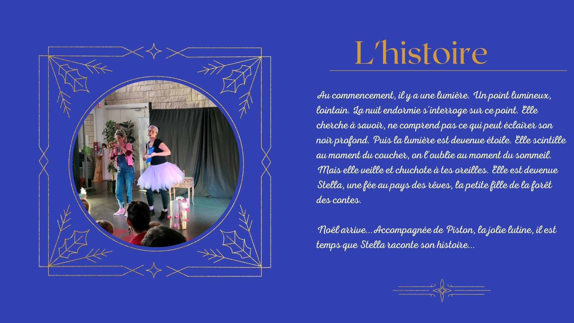 Plaquette, page 3 : l'histoire de Stella, fée au pays des rêves, avec une photo du spectacle.