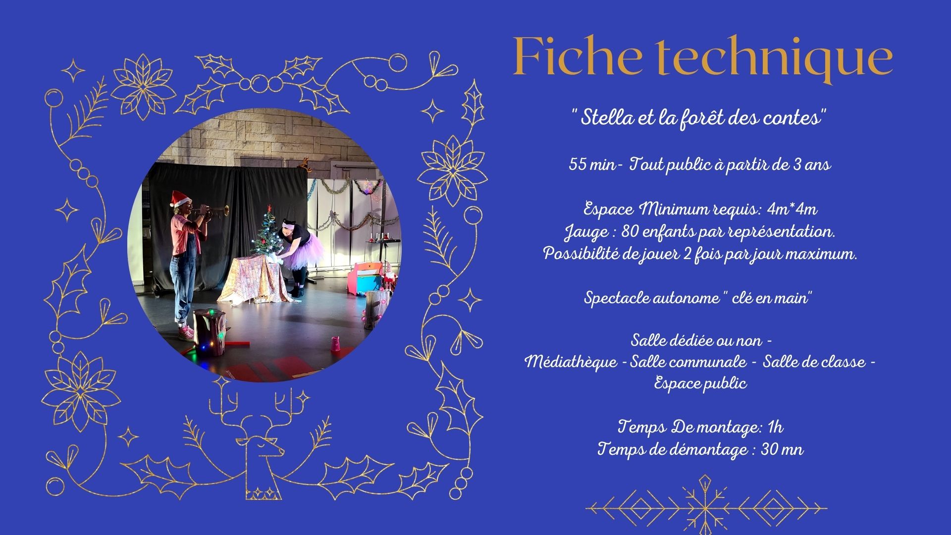 Plaquette, page 5 : la fiche technique du spectacle (55 minutes, 80 enfants par représentation), avec une photo.